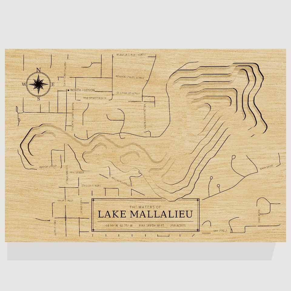 Lake Mallalieu 3D wood map, front view