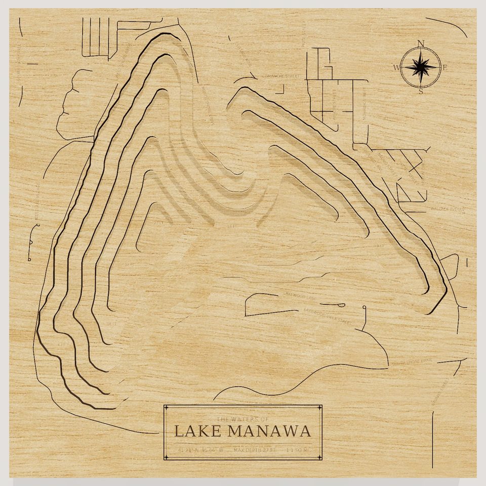 Lake Manawa 3D wood map, front view