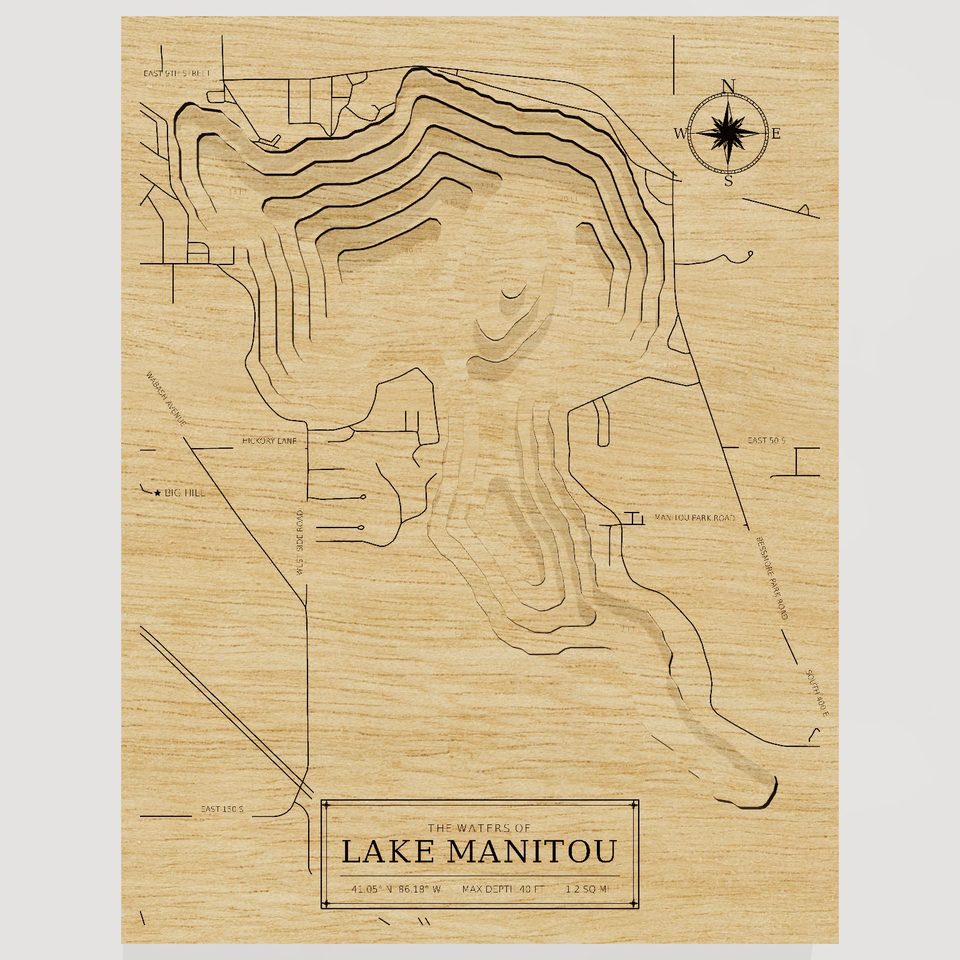 Lake Manitou 3D wood map, front view