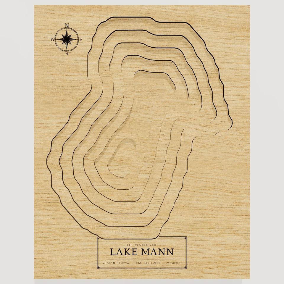Lake Mann 3D wood map, front view