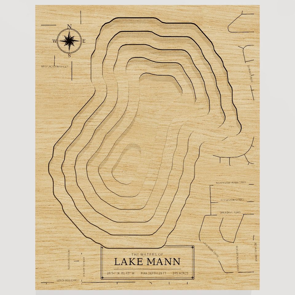 Lake Mann 3D wood map, front view