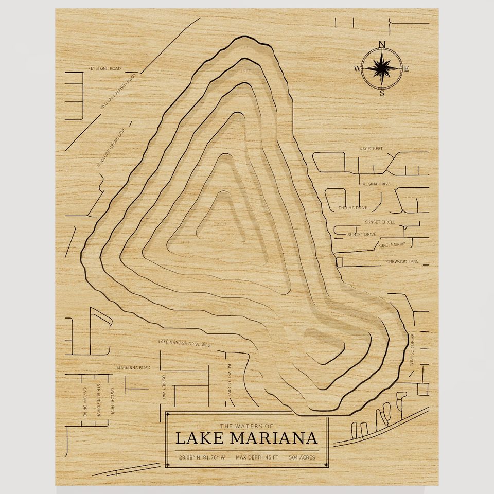 Lake Mariana 3D wood map, front view