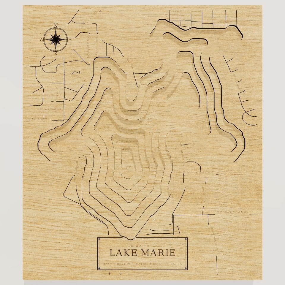Lake Marie 3D wood map, front view