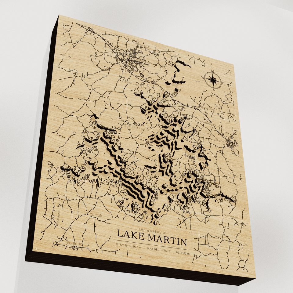 Lake Martin 3D wood map, angle low view