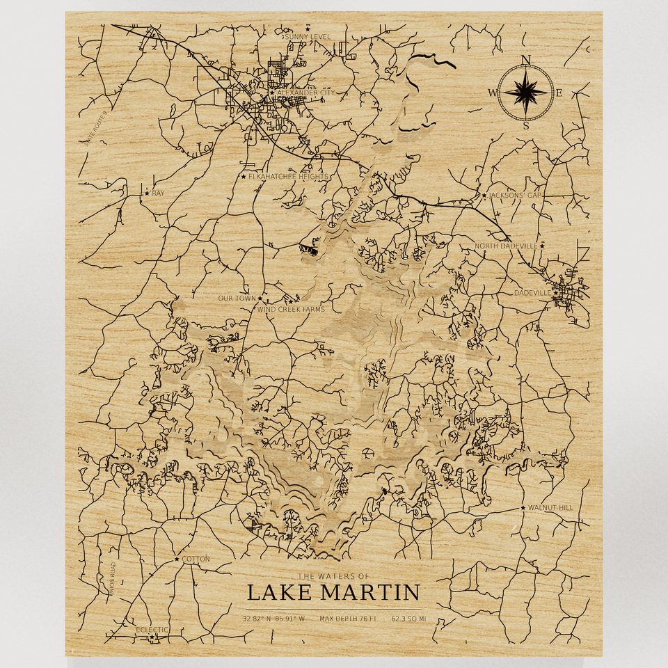 Lake Martin 3D wood map, front view