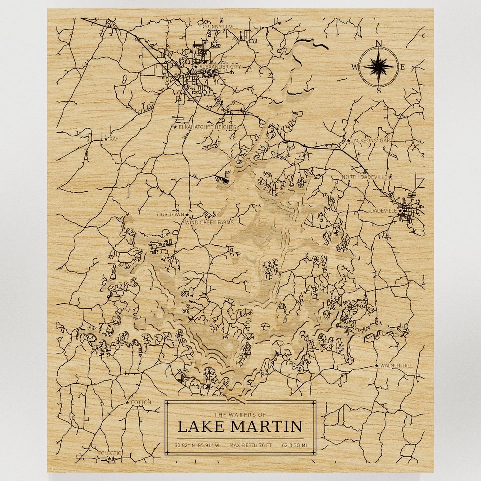 Lake Martin 3D wood map, front view