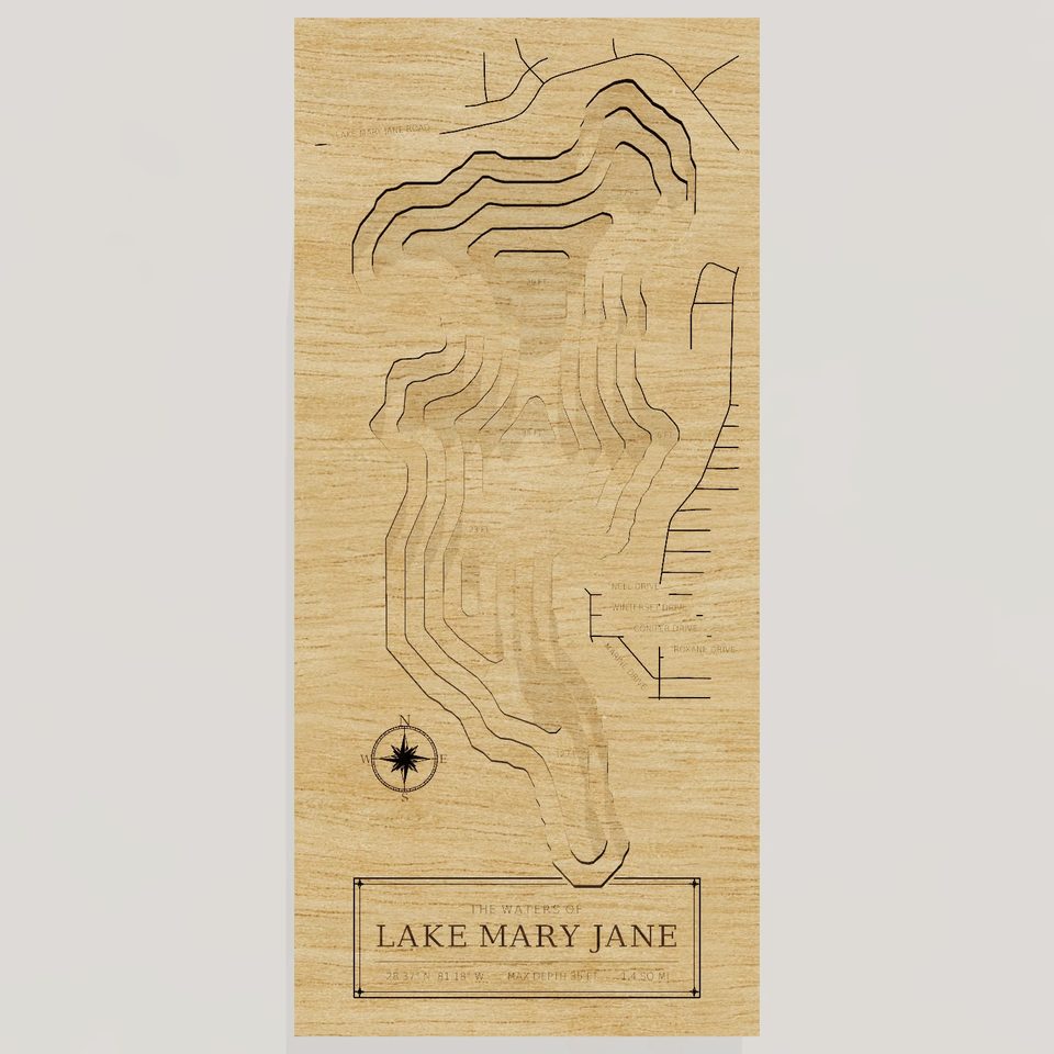 Lake Mary Jane 3D wood map, front view
