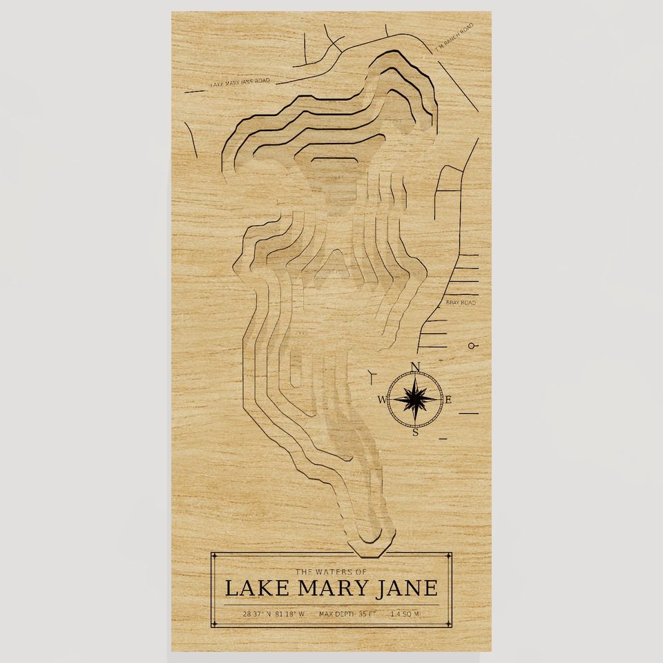 Lake Mary Jane 3D wood map, front view