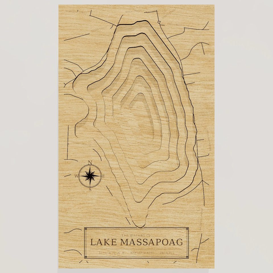 Lake Massapoag 3D wood map, front view