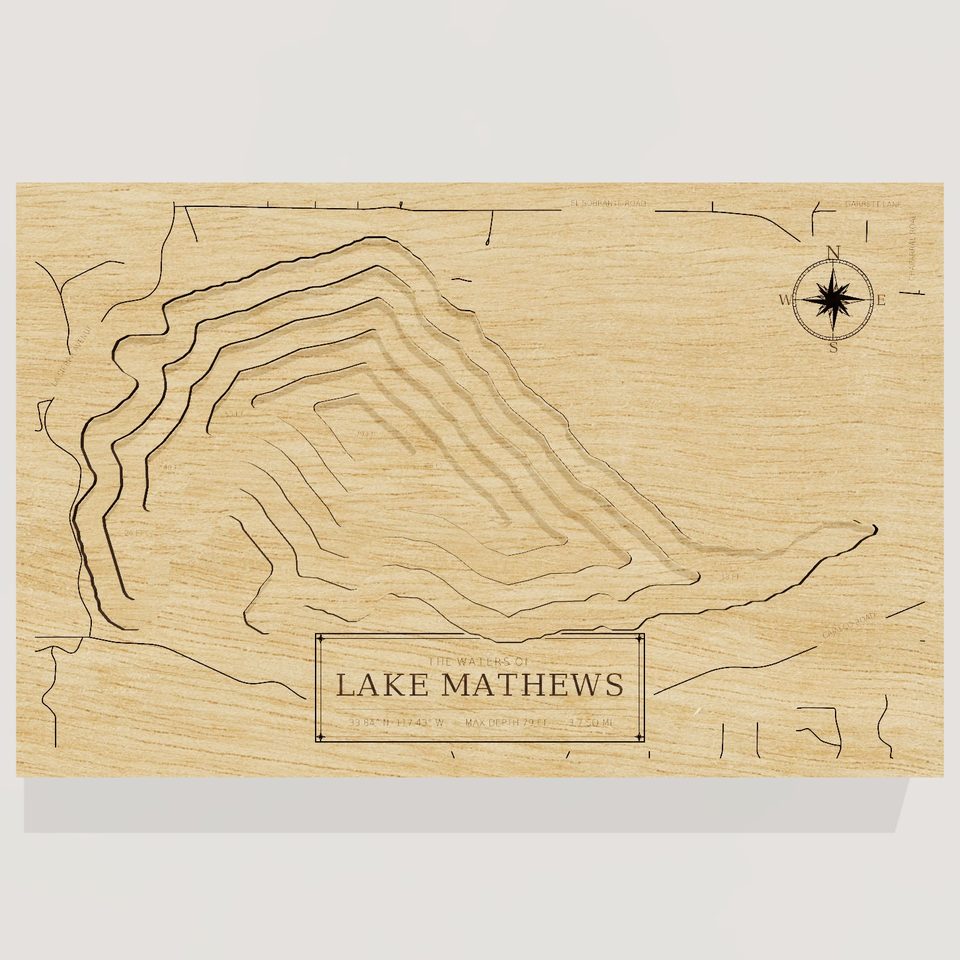 Lake Mathews 3D wood map, front view