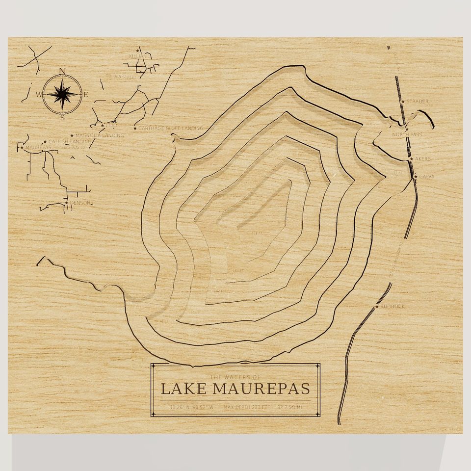 Lake Maurepas 3D wood map, front view