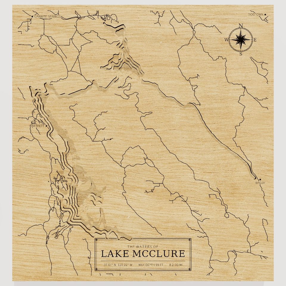 Lake McClure 3D wood map, front view