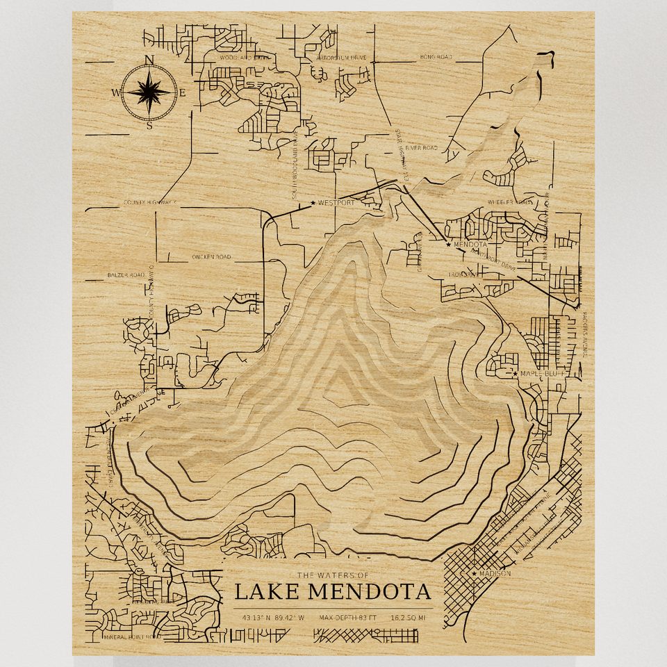 Lake Mendota 3D wood map, front view