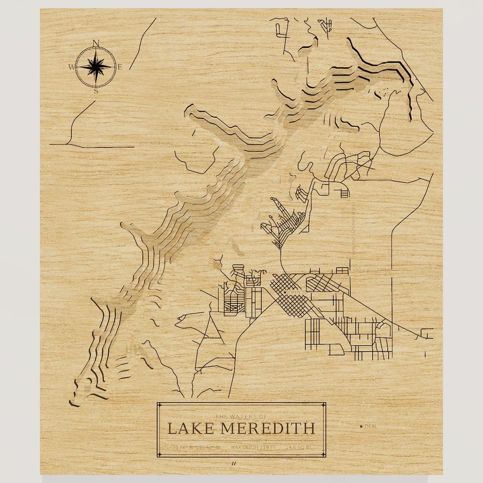 Lake Meredith 3D wood map, front view