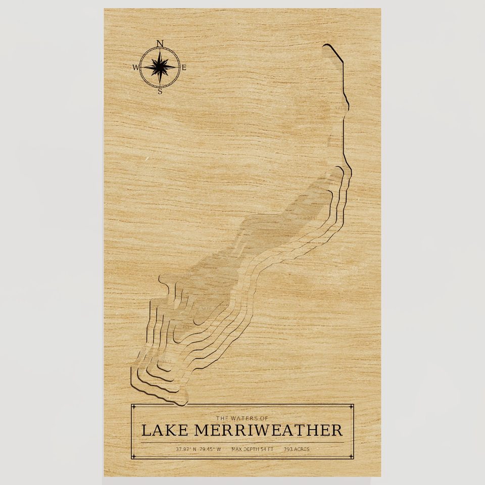 Lake Merriweather 3D wood map, front view