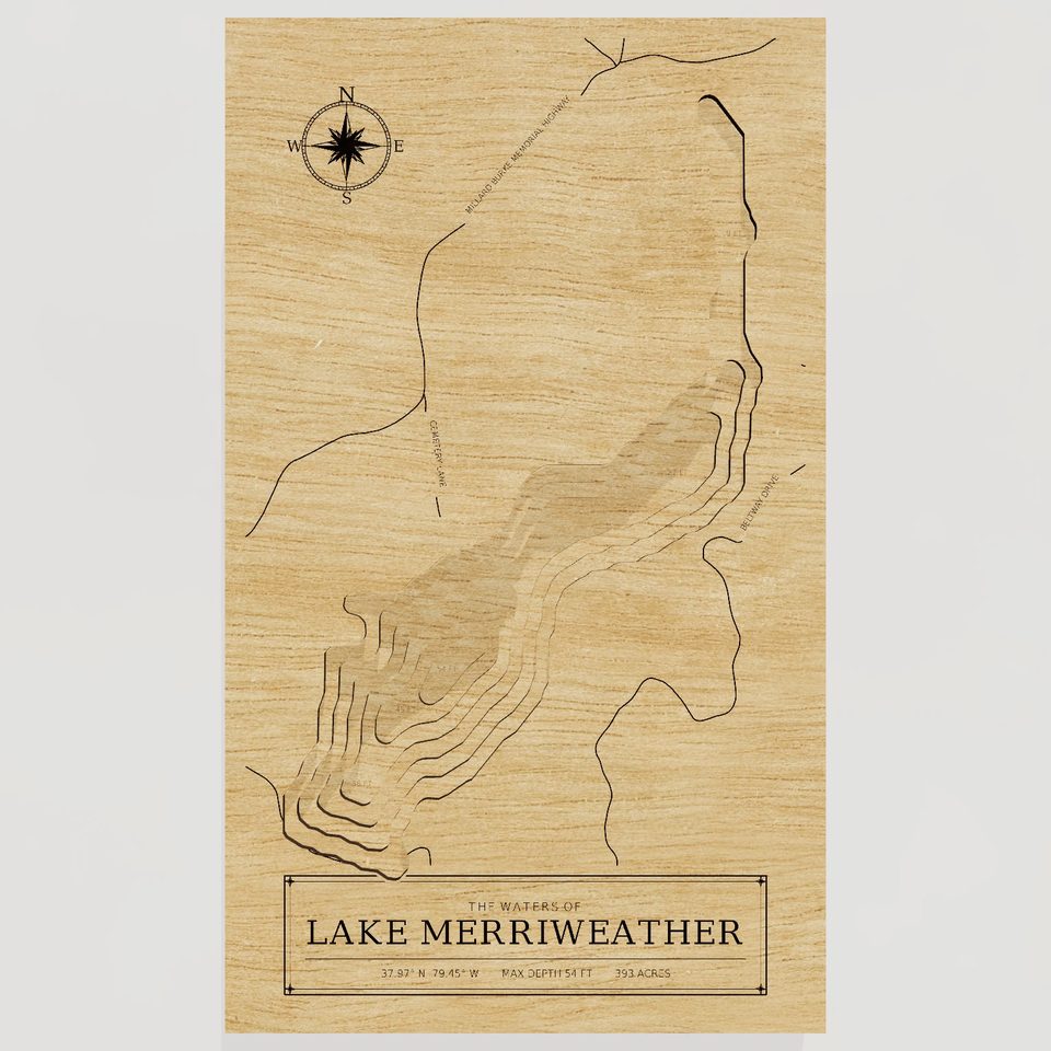 Lake Merriweather 3D wood map, front view