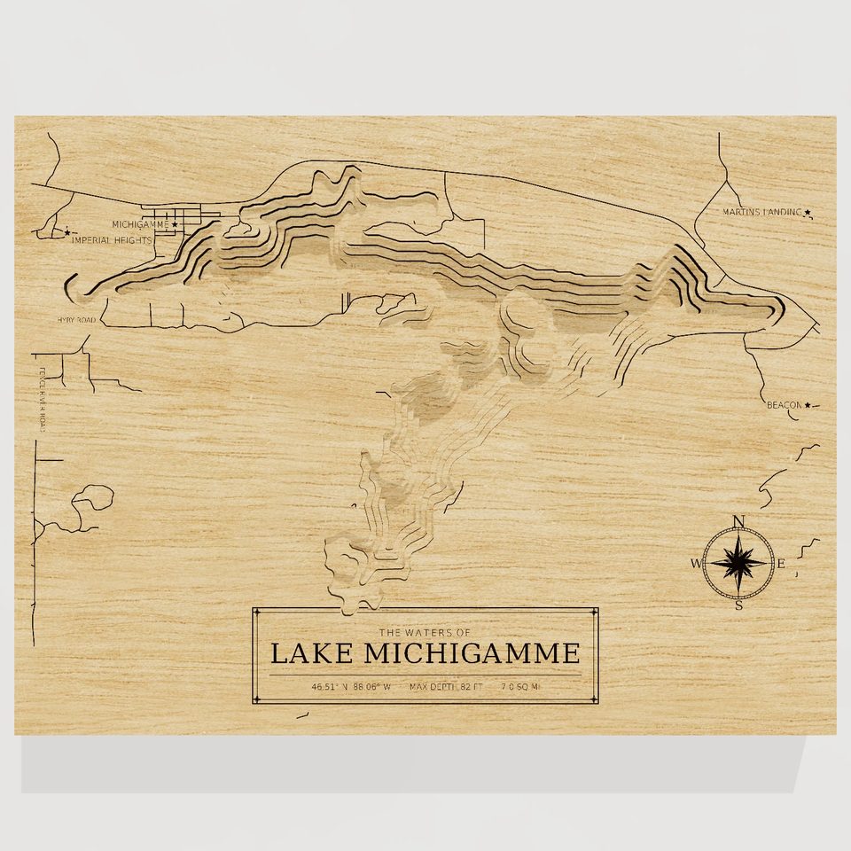 Lake Michigamme 3D wood map, front view
