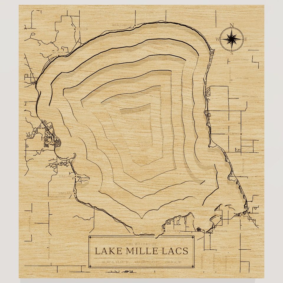 Lake Mille Lacs 3D wood map, front view