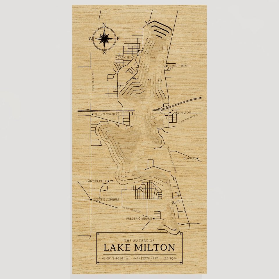 Lake Milton 3D wood map, front view