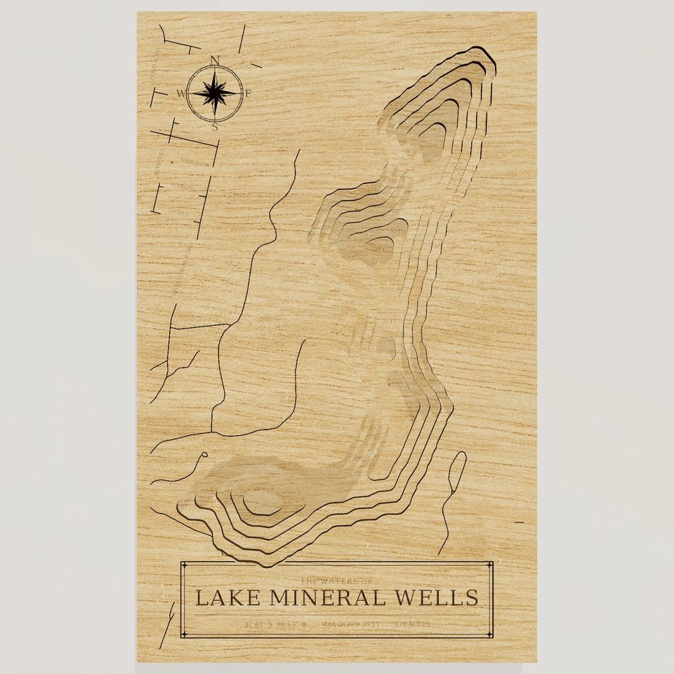 Lake Mineral Wells 3D wood map, front view