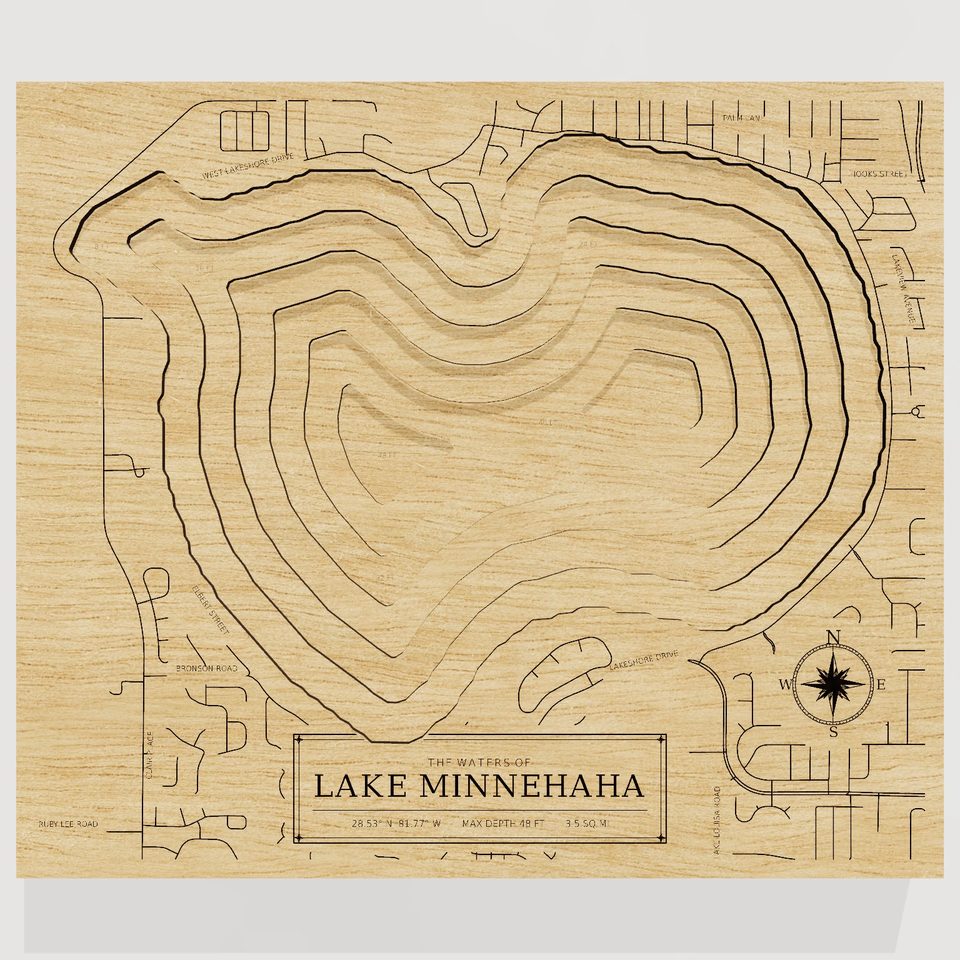 Lake Minnehaha 3D wood map, front view
