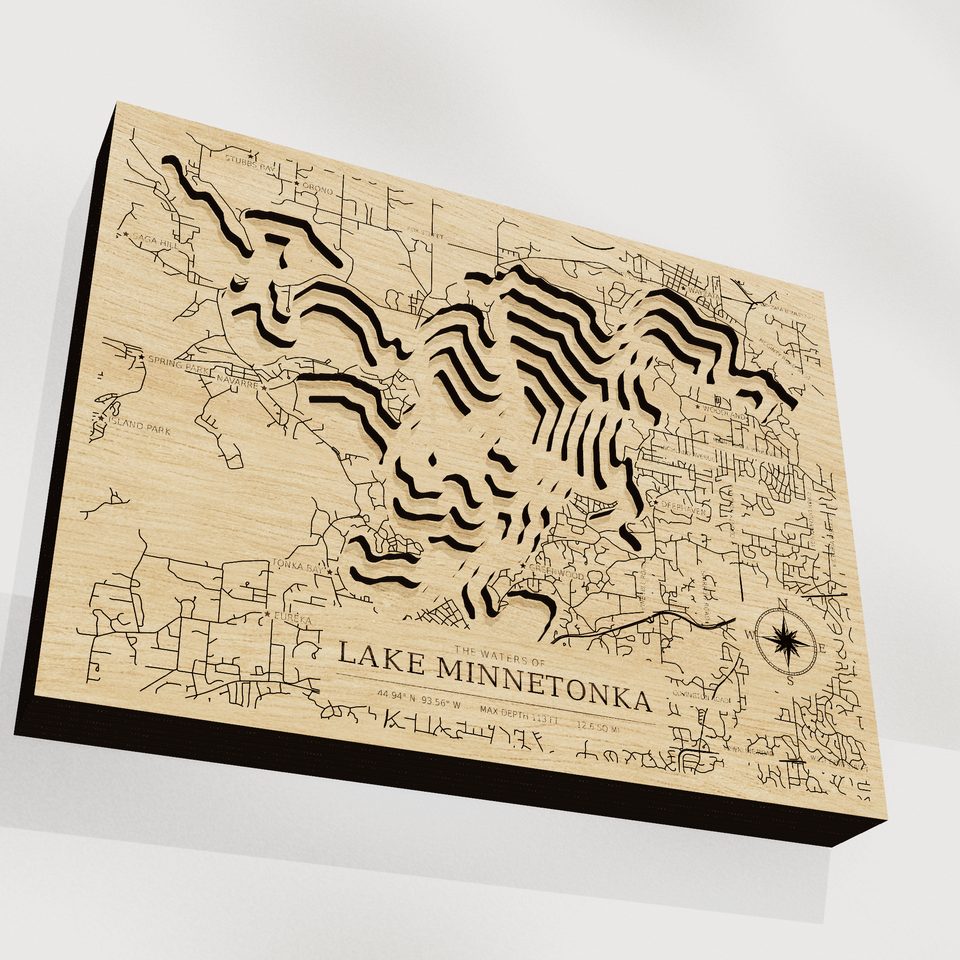 Lake Minnetonka 3D wood map, angle low view