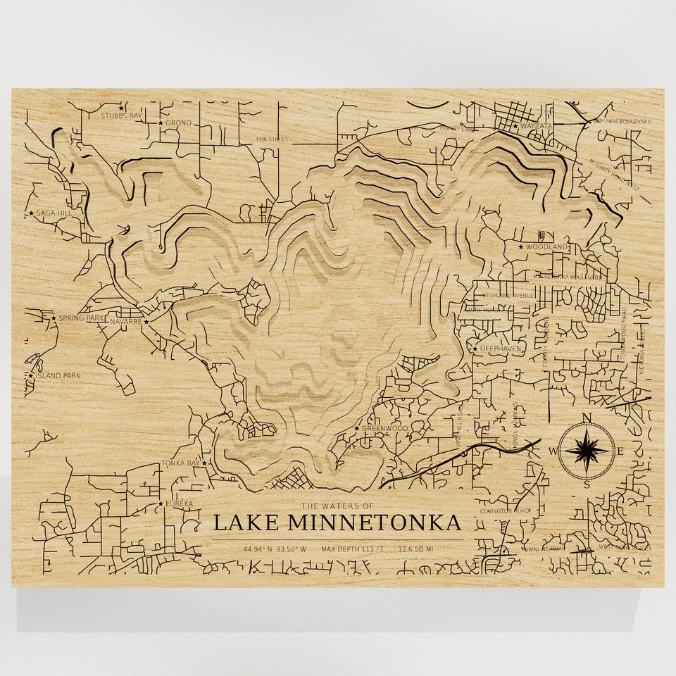 Lake Minnetonka 3D wood map, front view