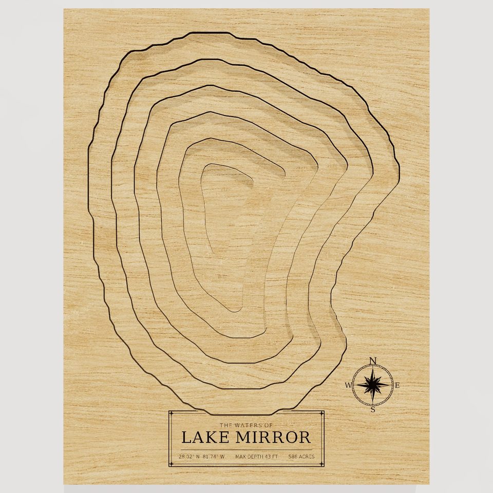 Lake Mirror 3D wood map, front view