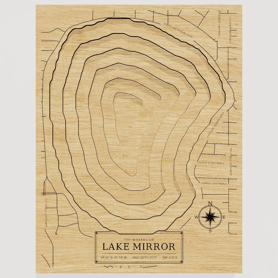 Lake Mirror 3D wood map, front view