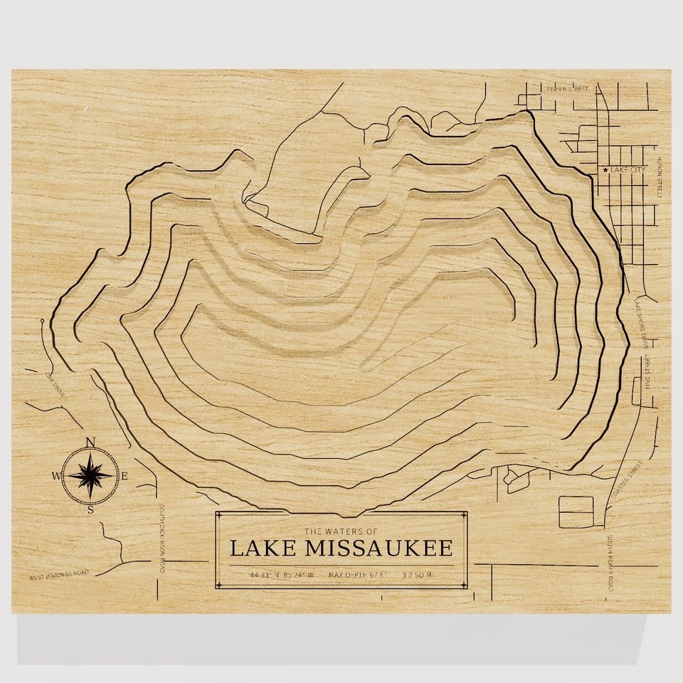 Lake Missaukee 3D wood map, front view