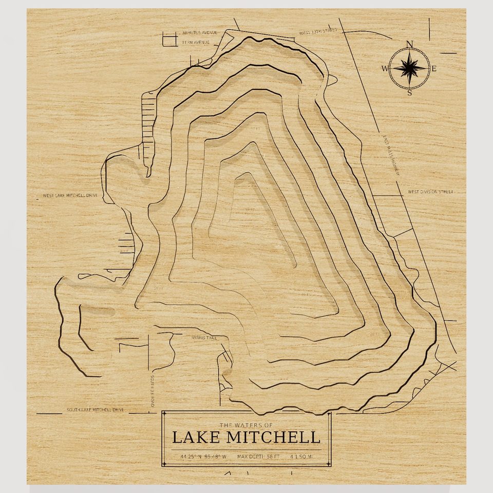 Lake Mitchell 3D wood map, front view