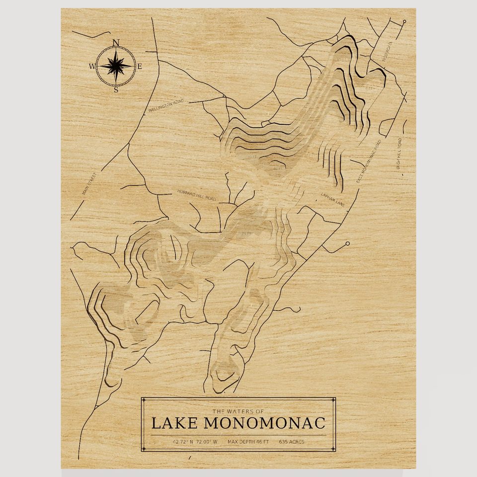 Lake Monomonac 3D wood map, front view