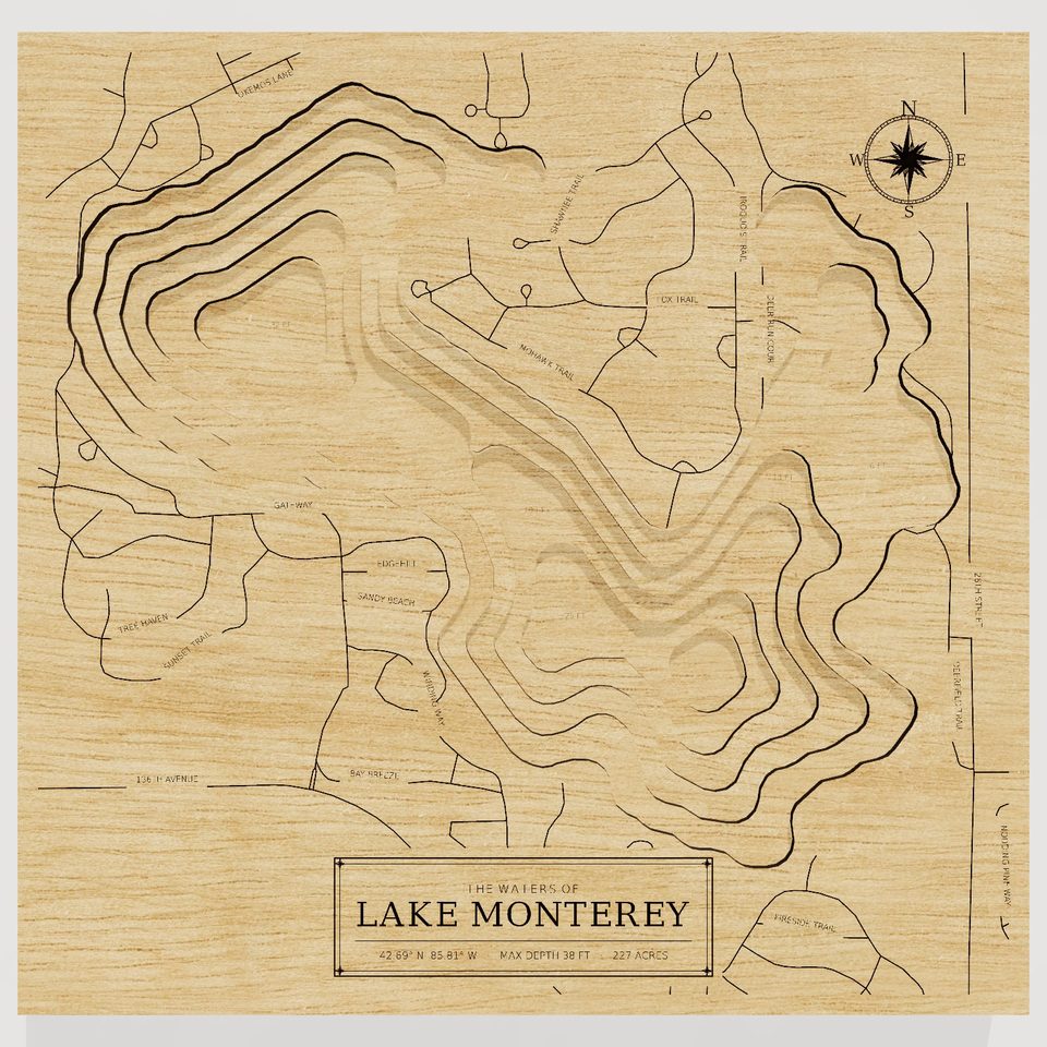 Lake Monterey 3D wood map, front view
