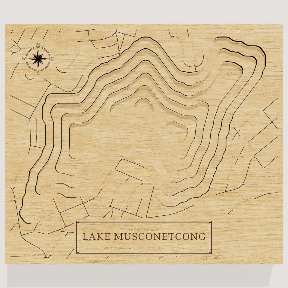 Lake Musconetcong 3D wood map, front view