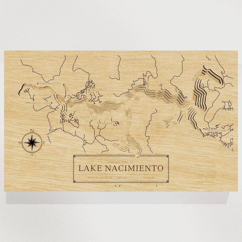 Lake Nacimiento 3D wood map, front view