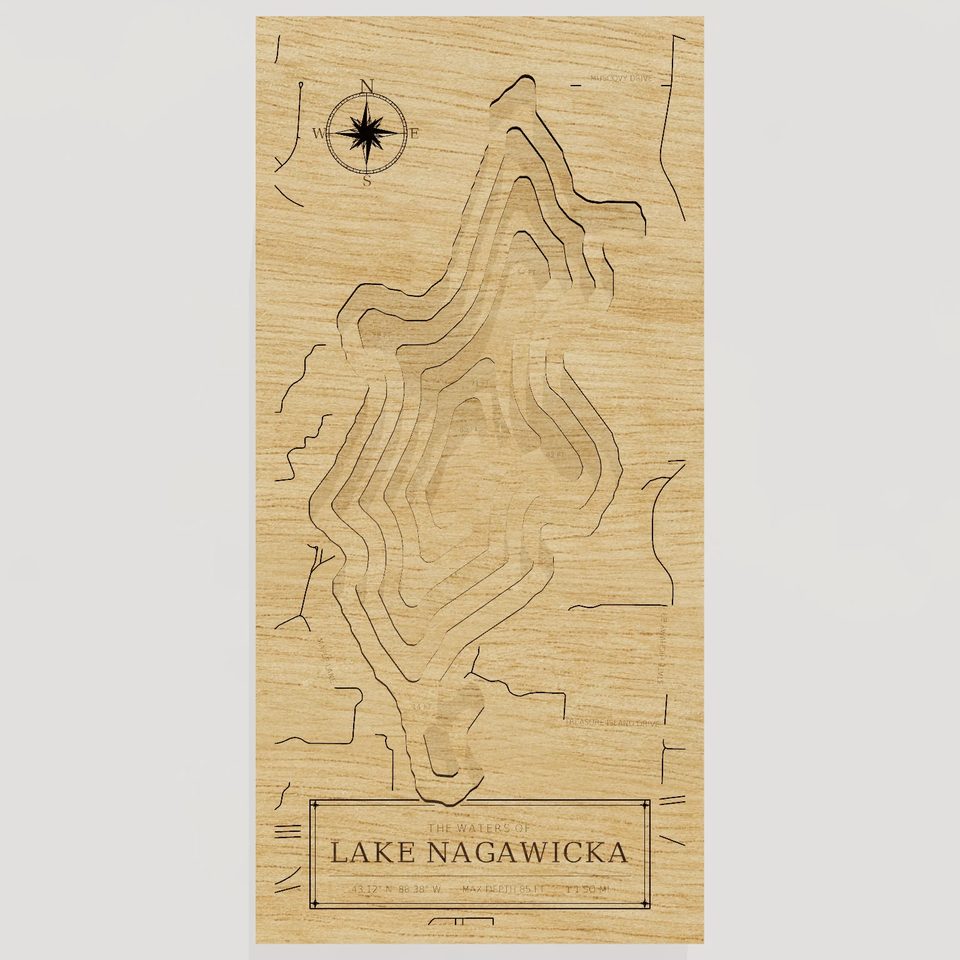 Lake Nagawicka 3D wood map, front view