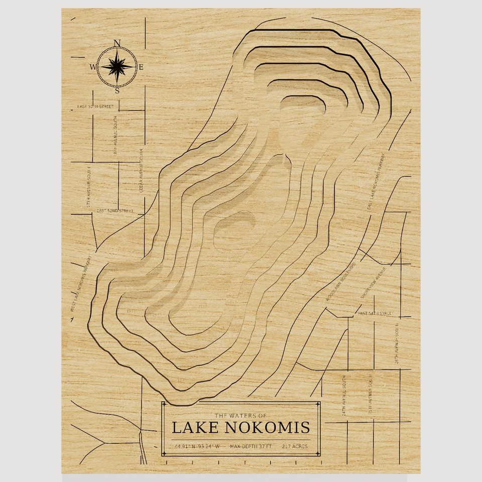 Lake Nokomis 3D wood map, front view
