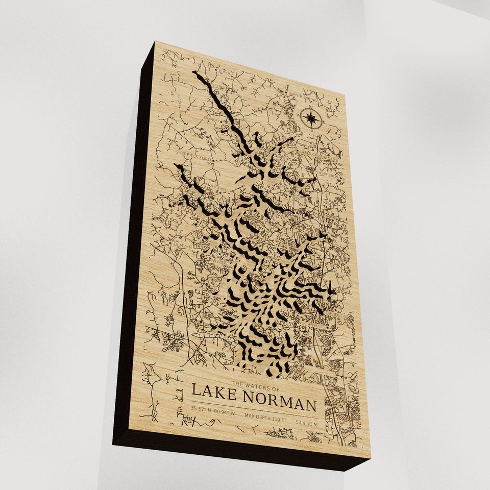 Lake Norman 3D wood map, angle low view