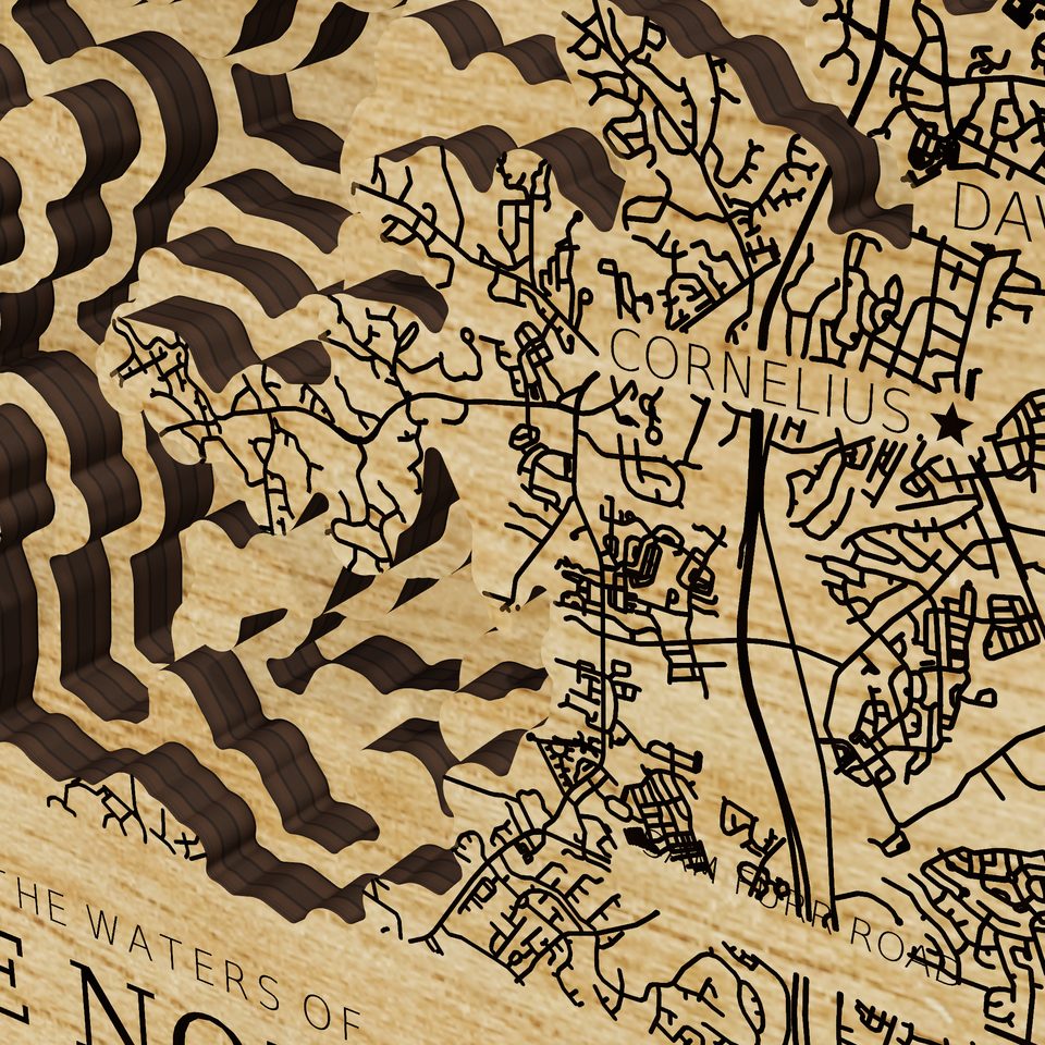 Lake Norman 3D wood map, detail view