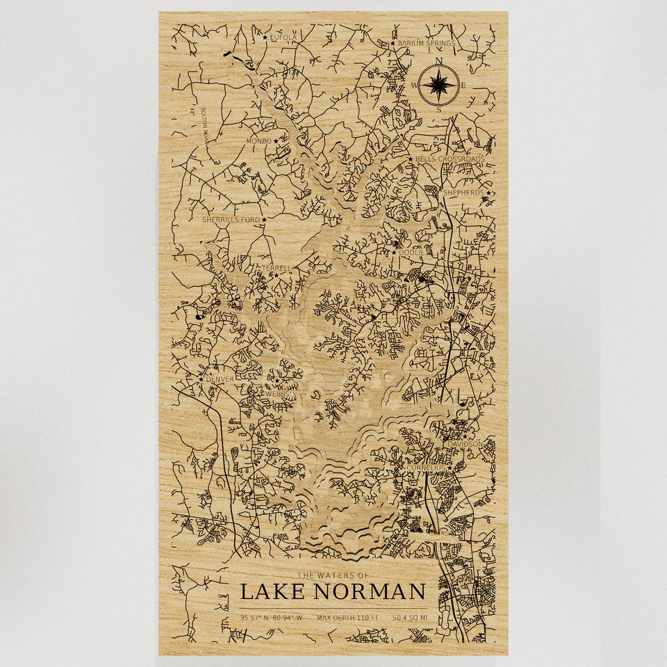 Lake Norman 3D wood map, front view