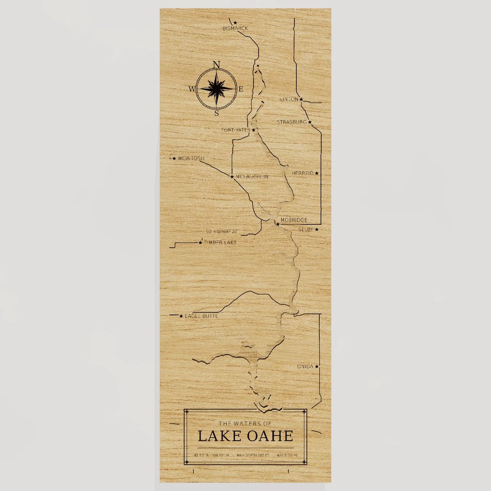 Lake Oahe 3D wood map, front view