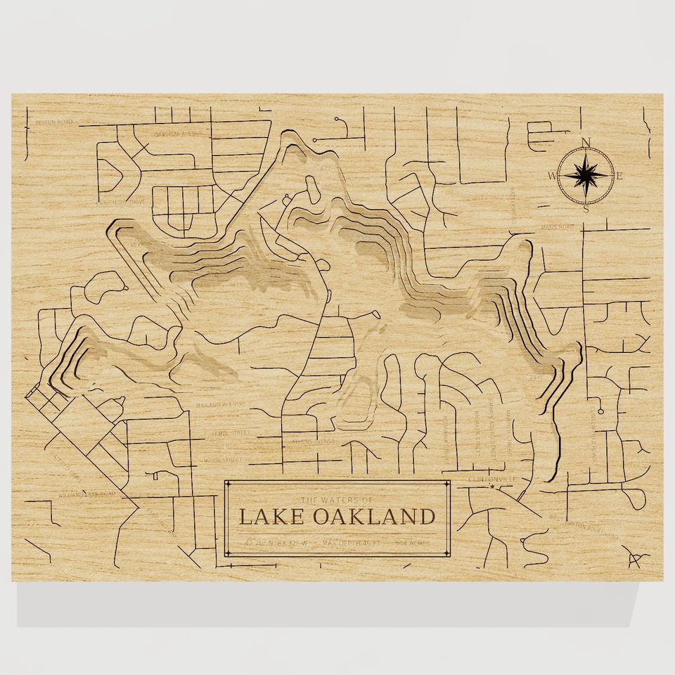Lake Oakland 3D wood map, front view