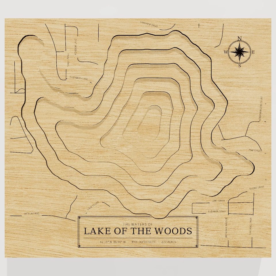 Lake of the Woods 3D wood map, front view