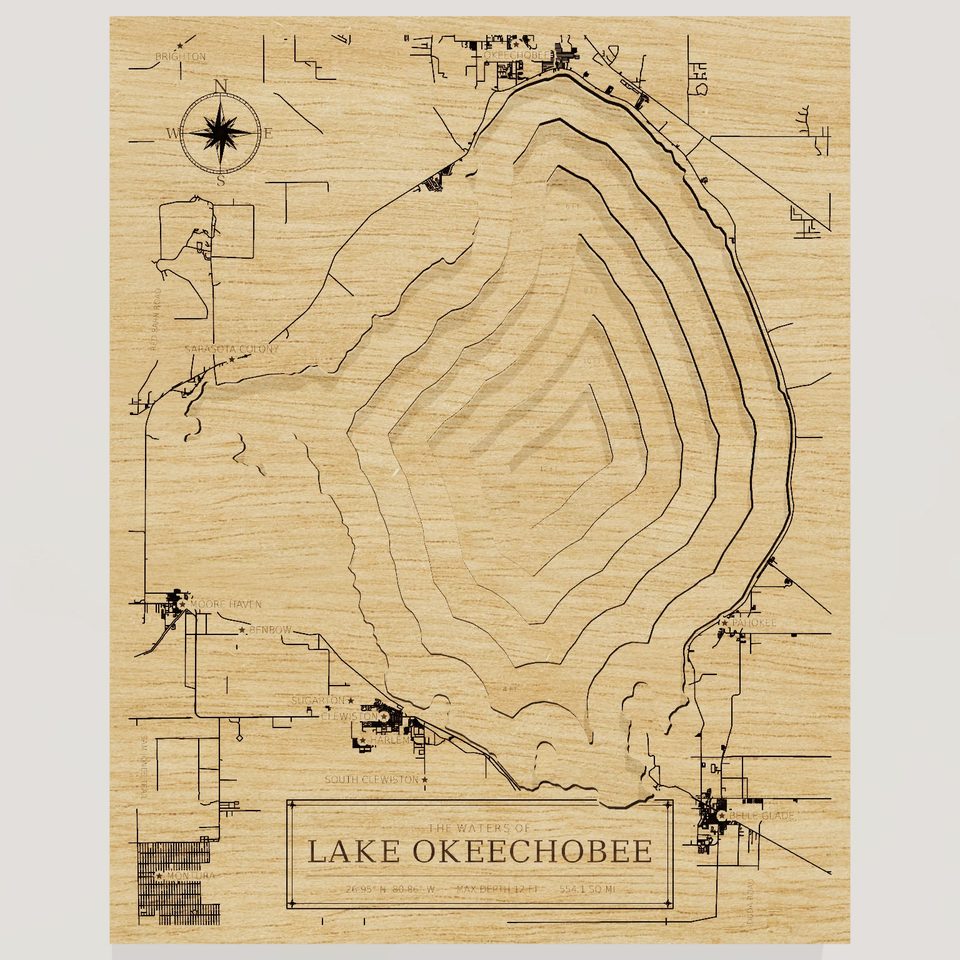 Lake Okeechobee 3D wood map, front view