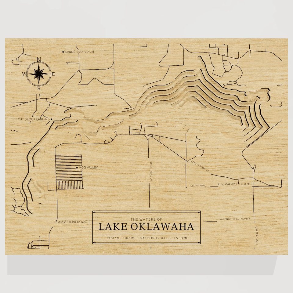 Lake Oklawaha 3D wood map, front view