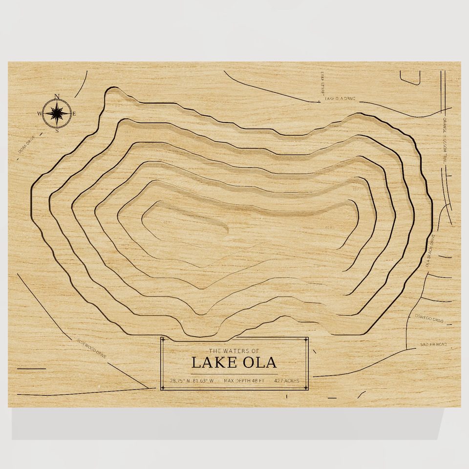Lake Ola 3D wood map, front view