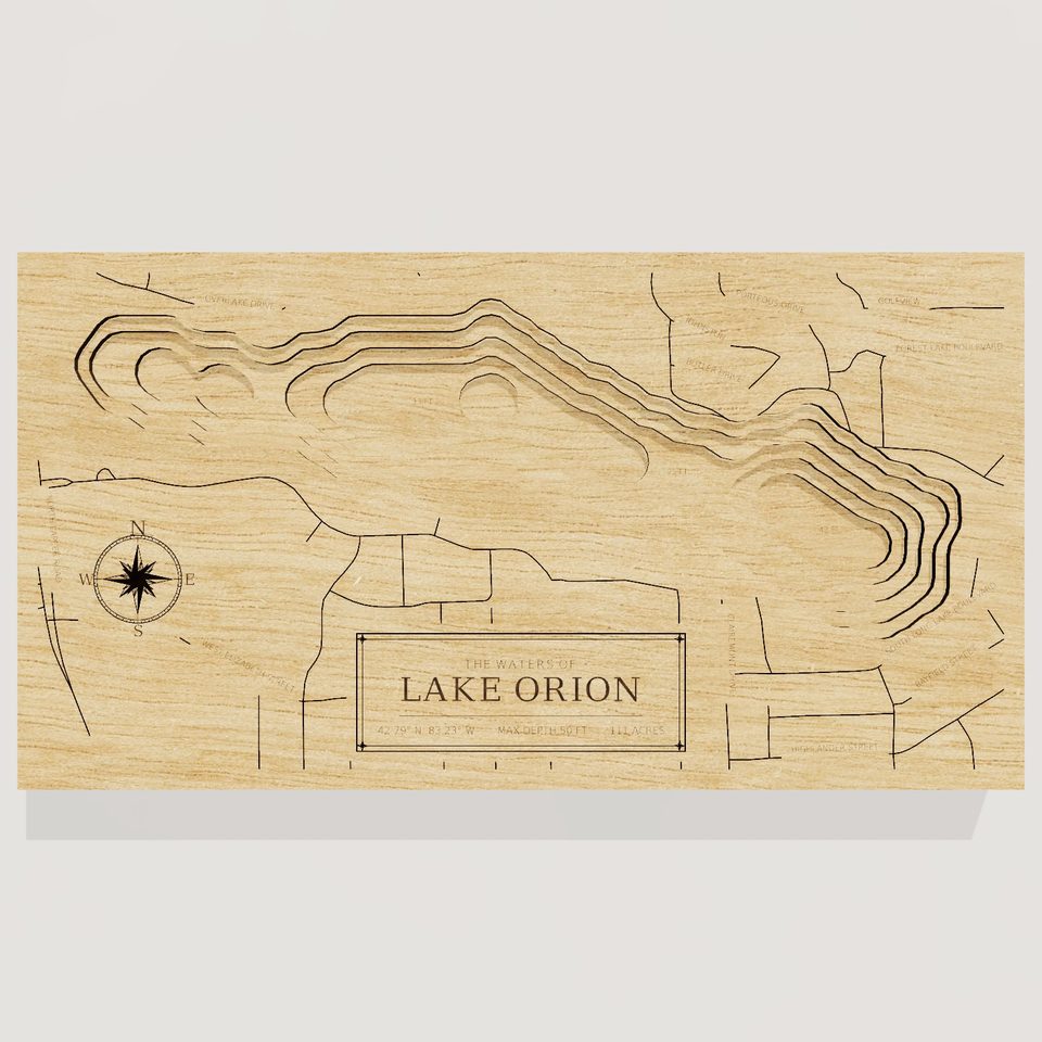 Lake Orion 3D wood map, front view