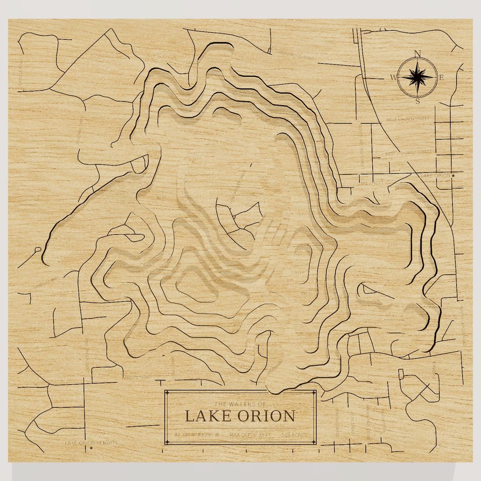 Lake Orion 3D wood map, front view