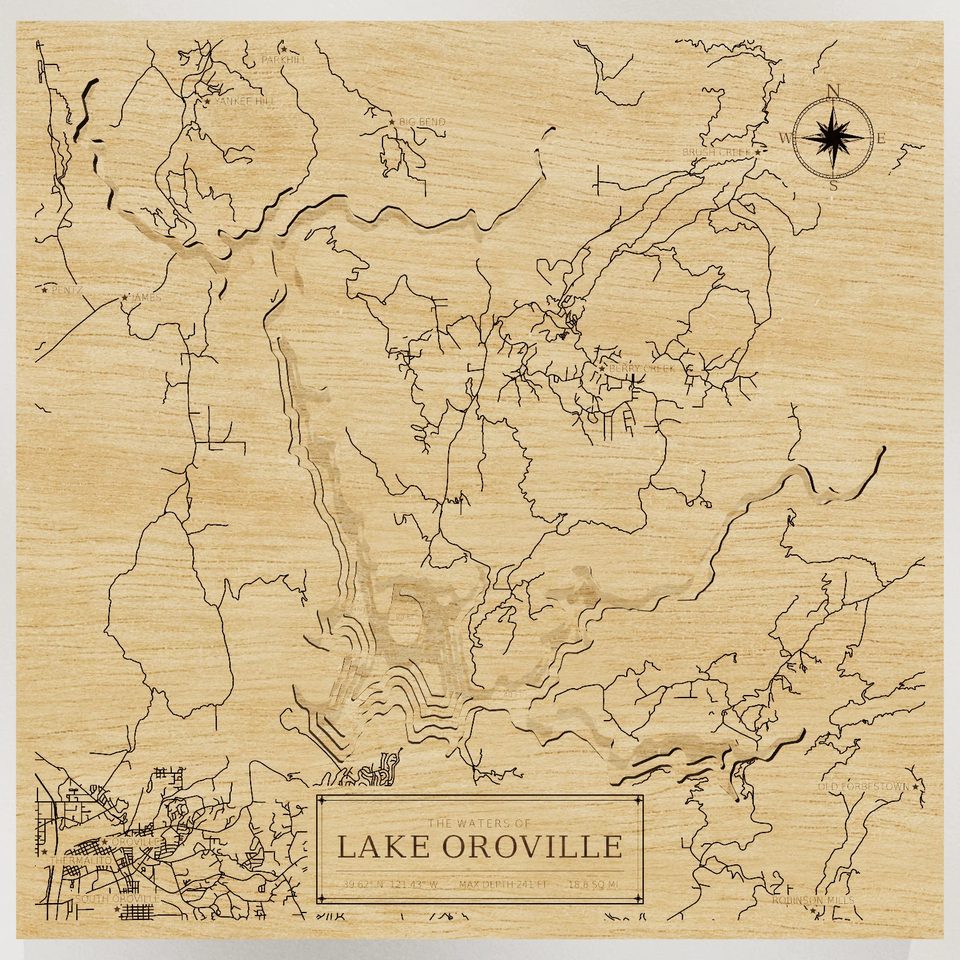 Lake Oroville 3D wood map, front view