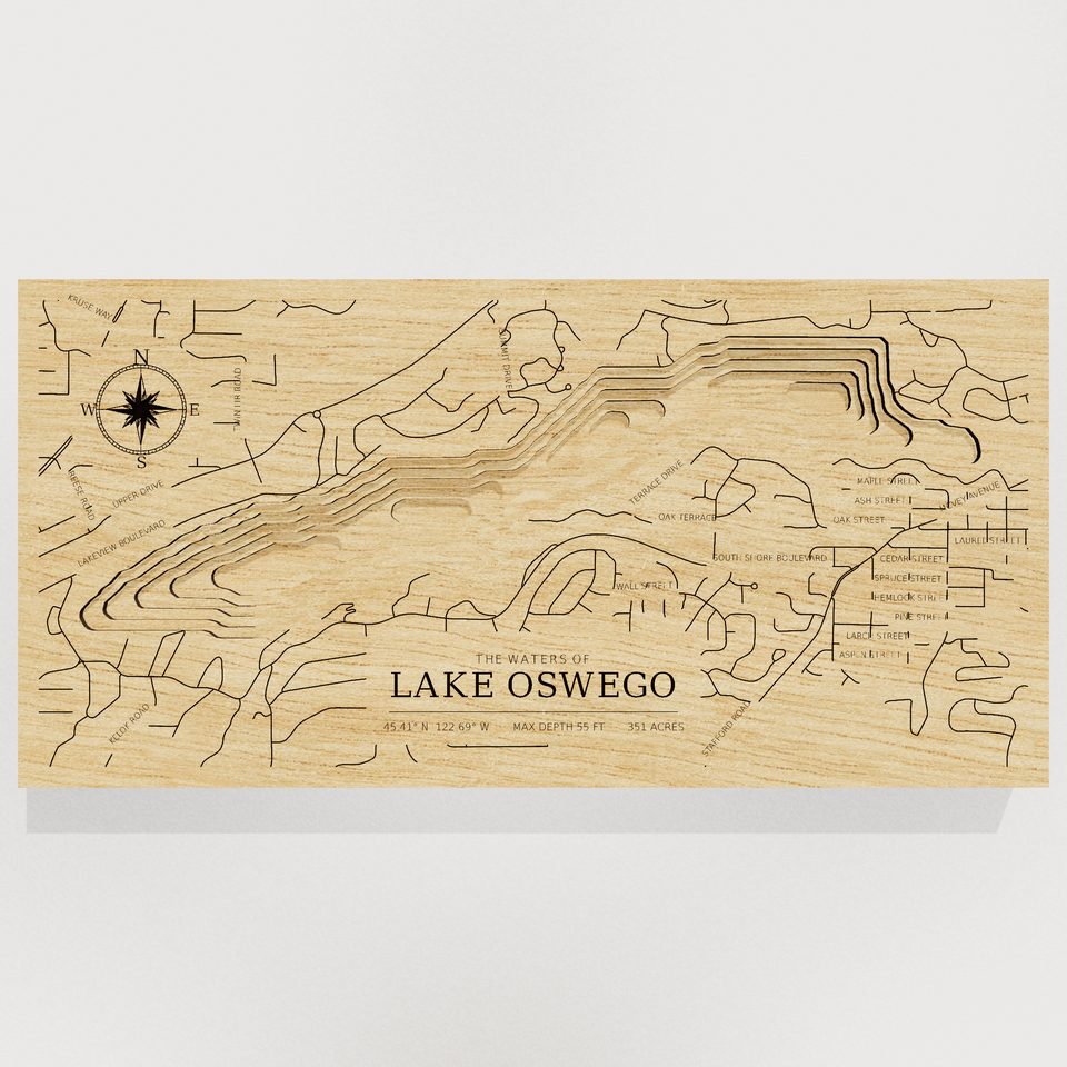 Lake Oswego 3D wood map, front view